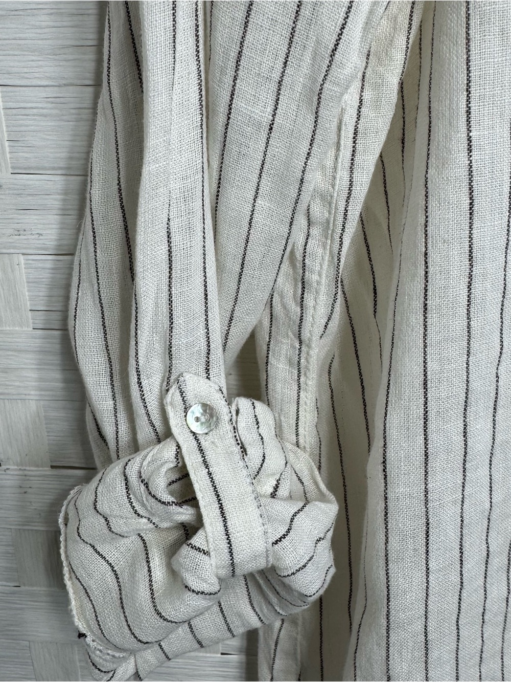 Joie Women’s Large Cream Brown Striped Linen Top Button Roll Up Sleeve - Picture 3 of 9
